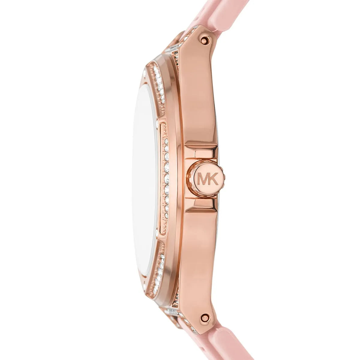 Side view of Michael Kors Lennox showing rose gold case with pavé details and pink strap