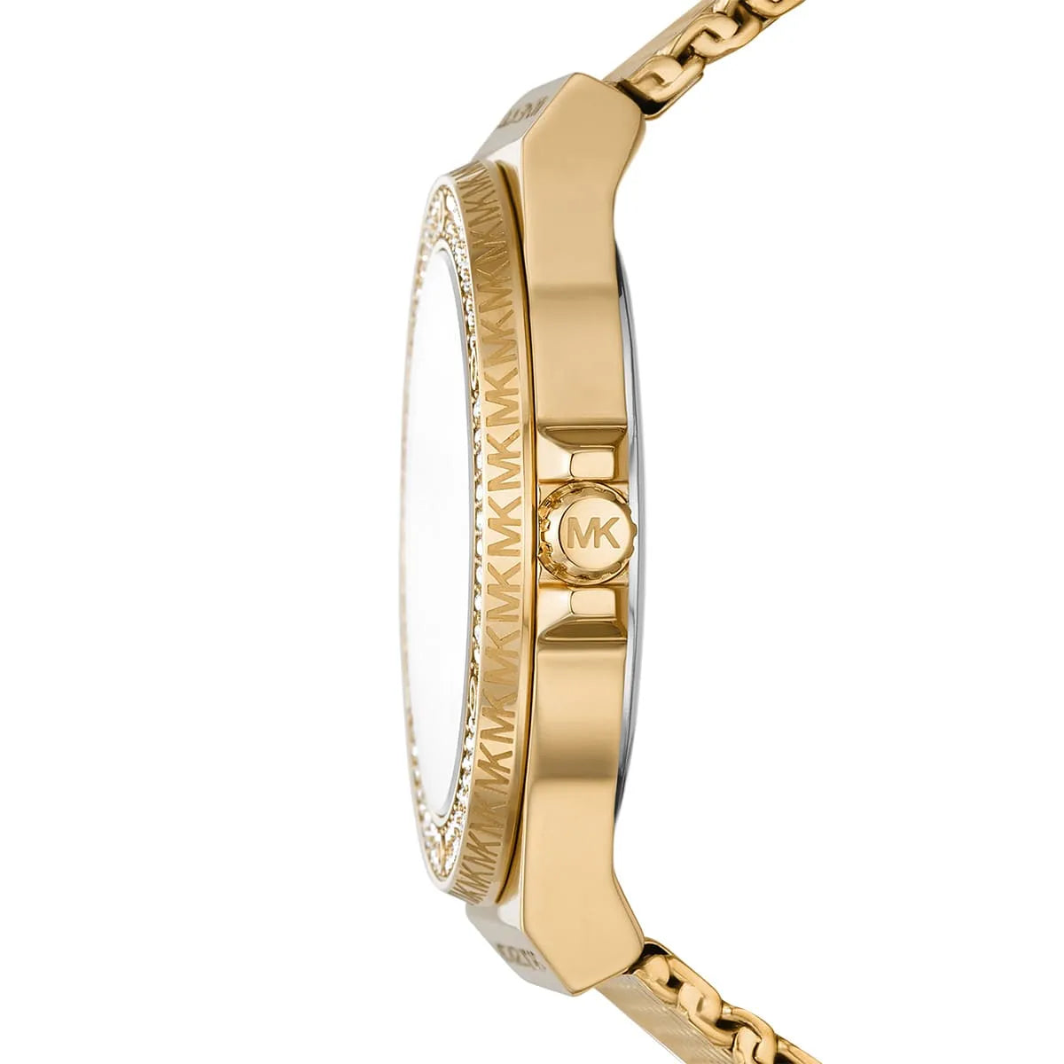 Side view of Michael Kors Lennox watch showing gold-tone case and mesh strap
