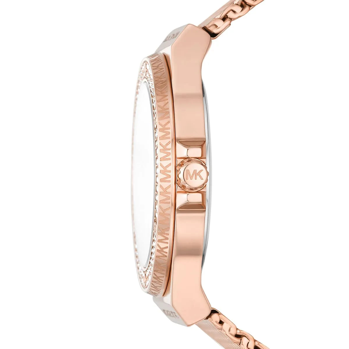 Michael Kors Lennox watch side profile with rose gold stainless steel case and mesh band