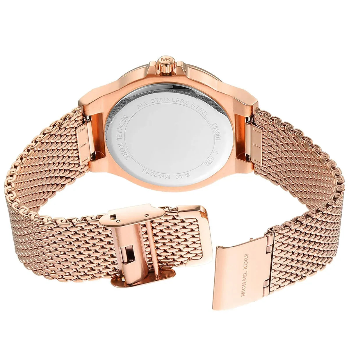 Michael Kors Lennox rose gold mesh strap with fold-over clasp and MK branding