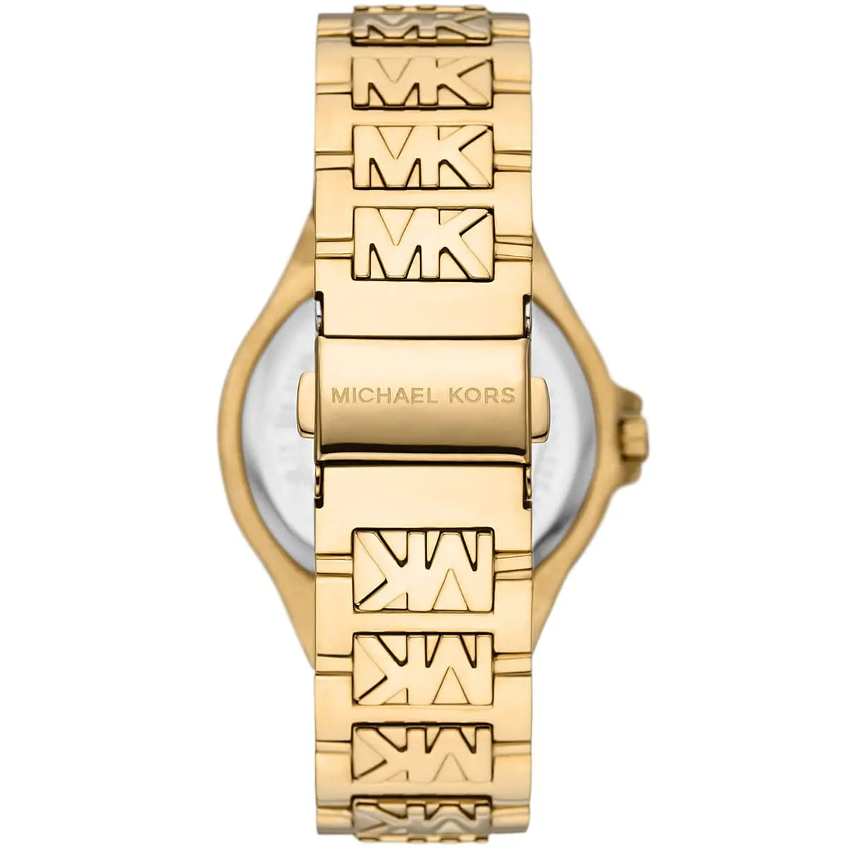 Michael Kors Lennox gold watch caseback with stainless steel strap and MK logo