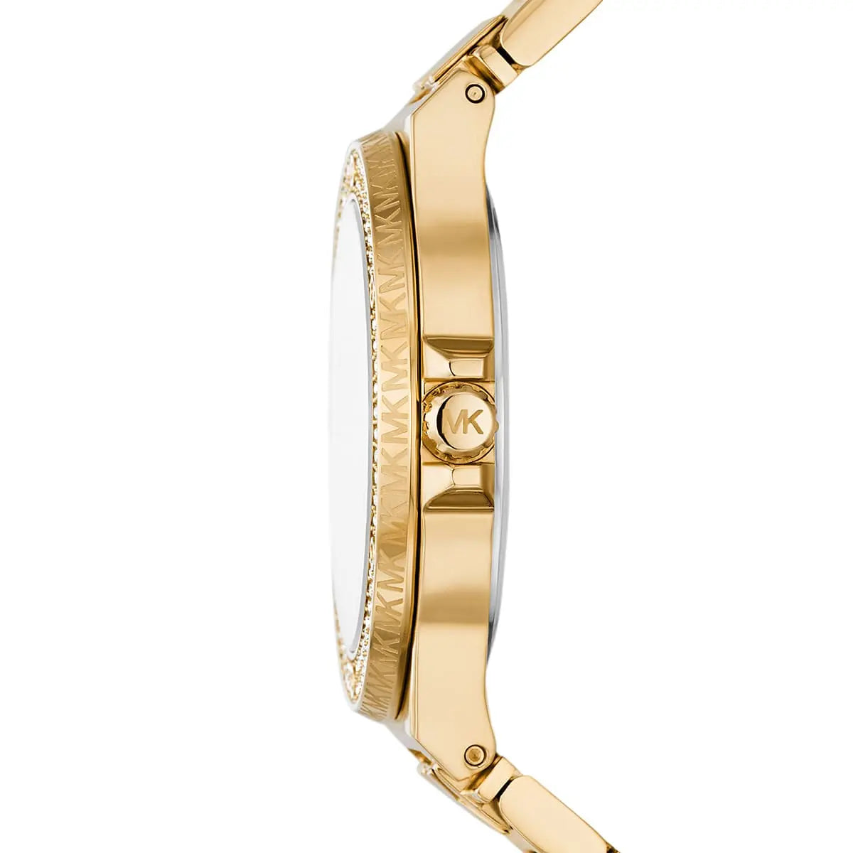 Michael Kors Lennox watch side profile showing crystal bezel and gold case