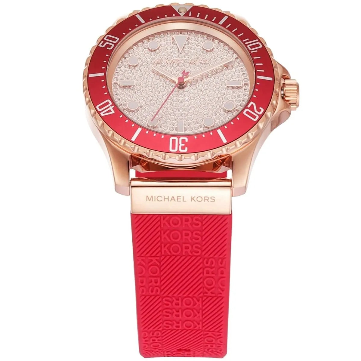 Michael Kors Everest dial detail showing crystal-set face, rose gold hands, and burgundy bezel