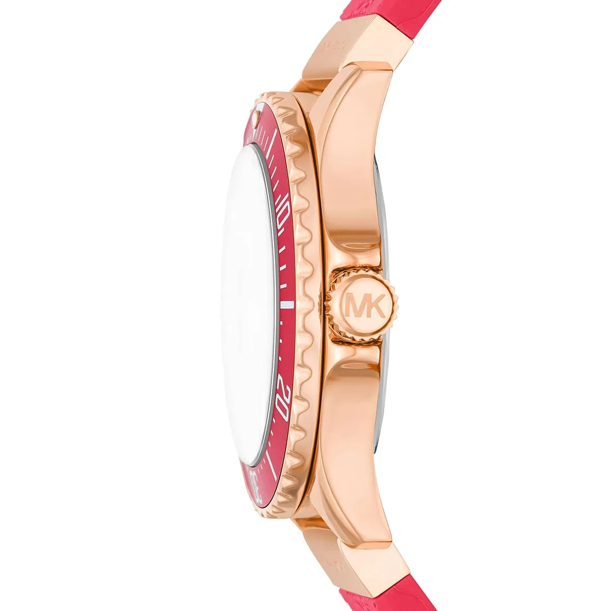 Michael Kors Everest watch side view showing rose gold case and pink silicone strap profile