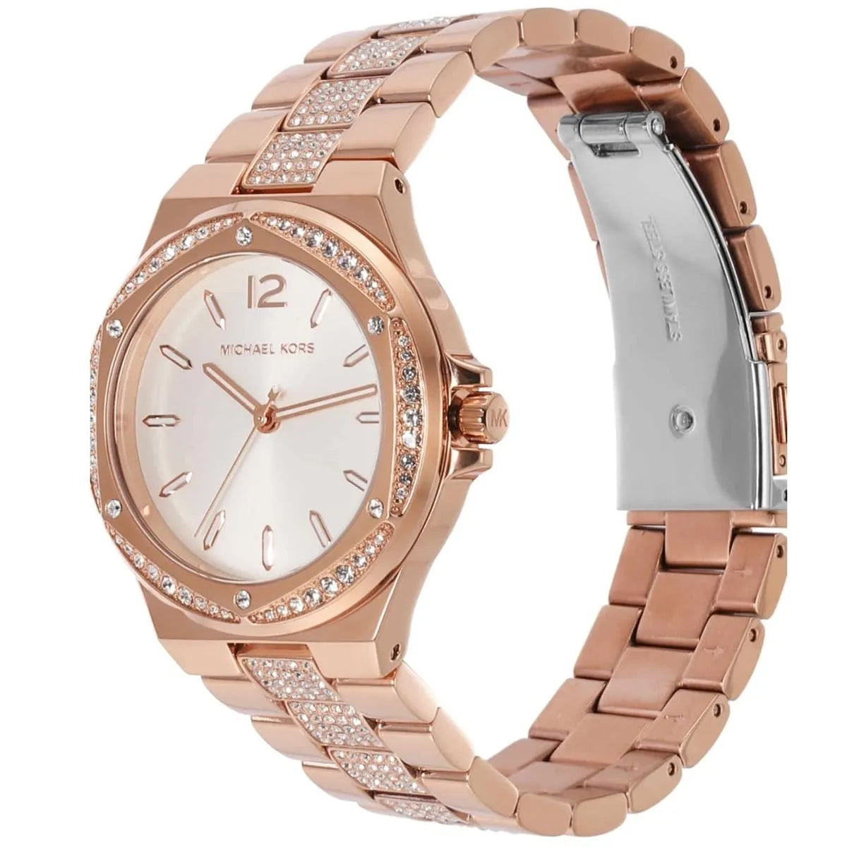 Michael Kors Lennox watch angled view showing rose gold bracelet and crystal detailing