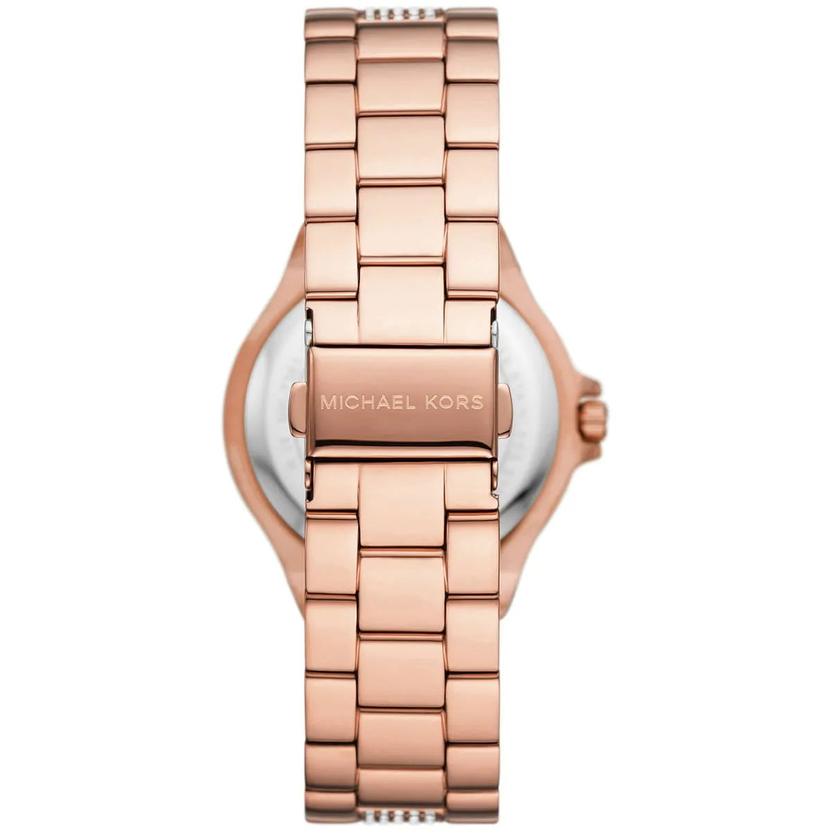Michael Kors Lennox watch caseback showing rose gold stainless steel case