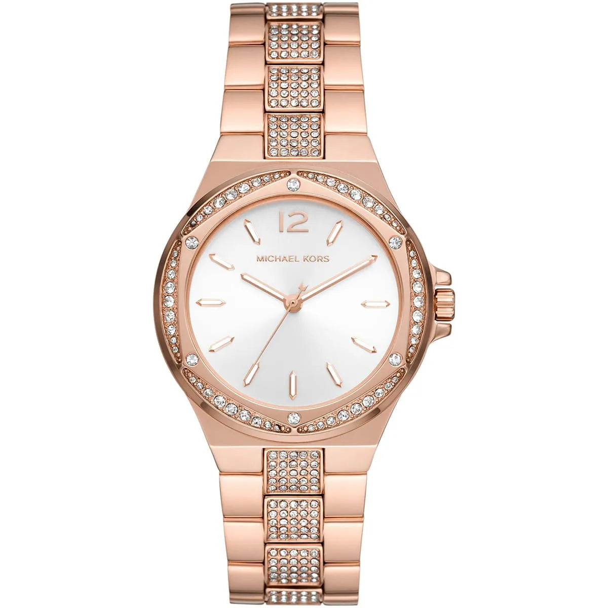 Michael Kors Lennox rose gold-tone women's watch with white dial and crystal bezel