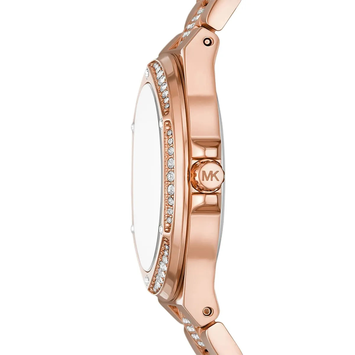 Michael Kors Lennox watch side profile with crystal-embellished bezel and MK logo