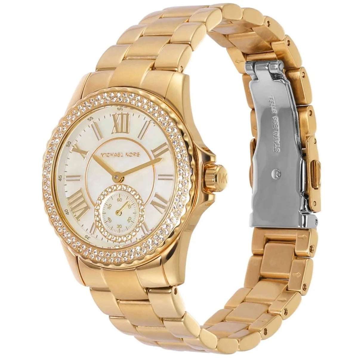 Three-quarter view of Michael Kors Mini Everest showing gold metal strap and crystal-set bezel