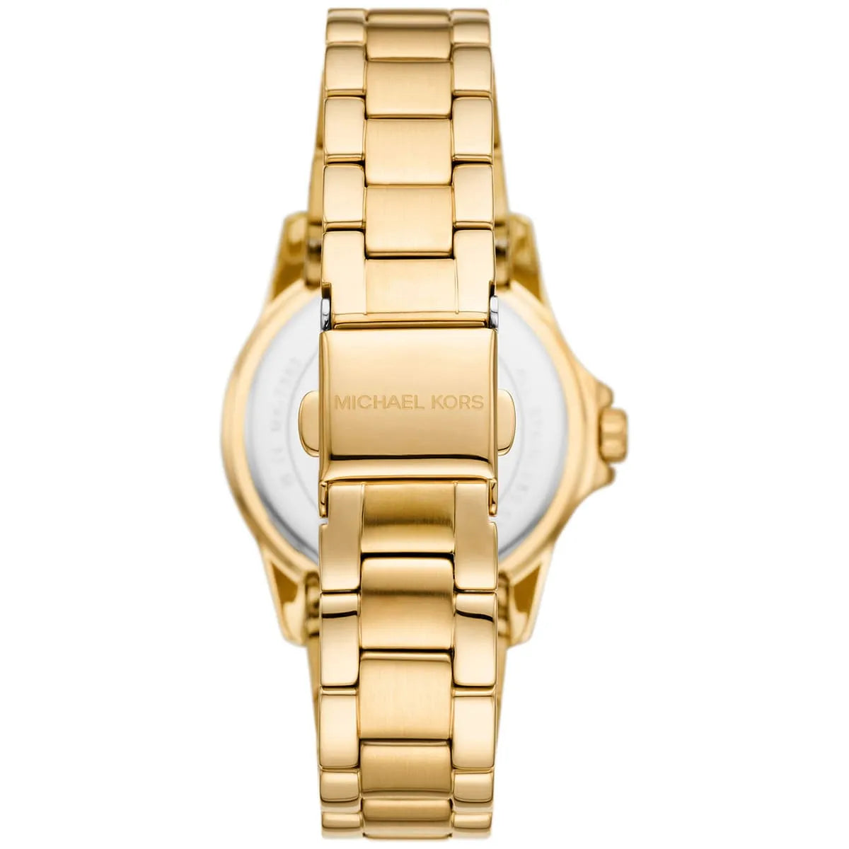 Rear view of Michael Kors Mini Everest watch showing gold metal strap and caseback