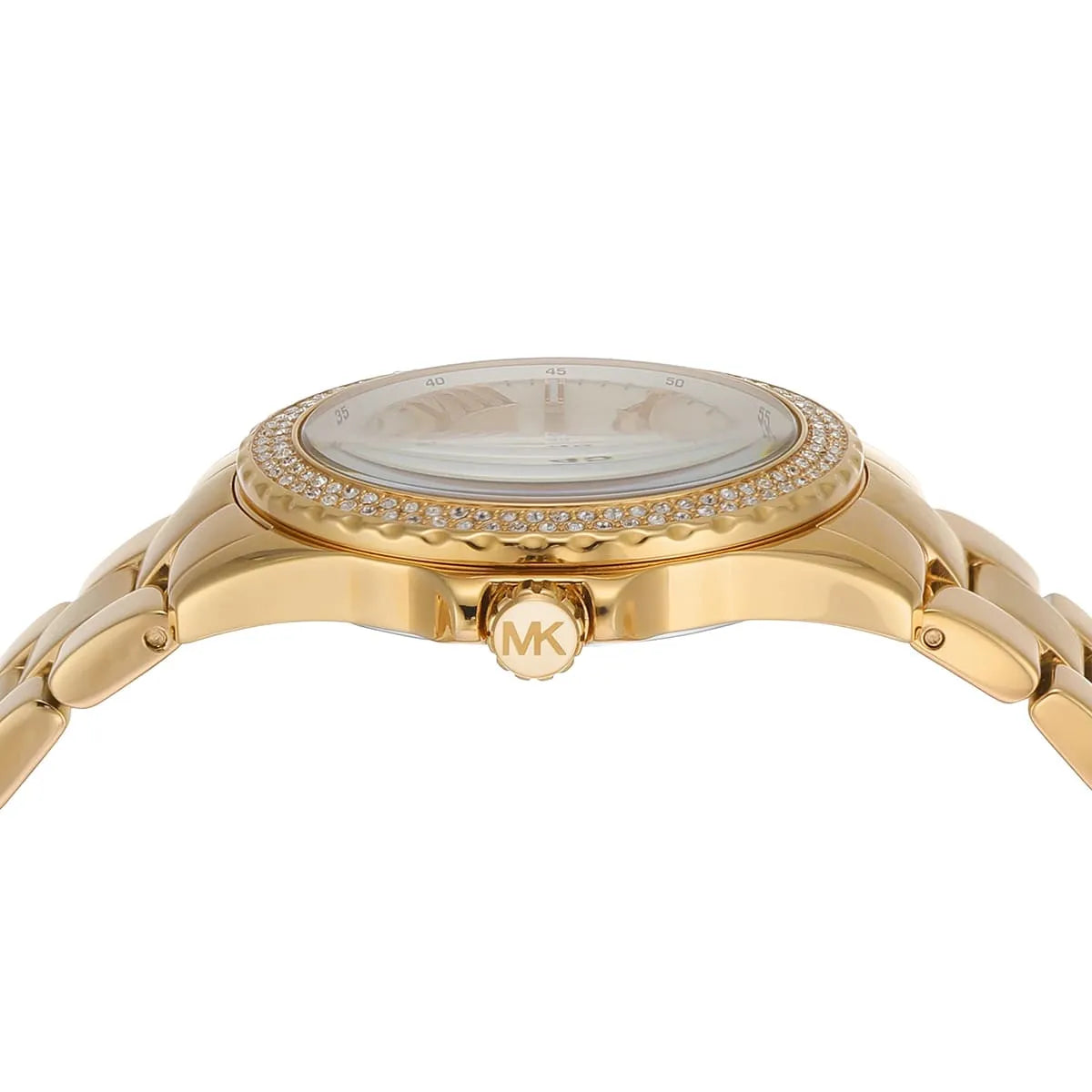 Close-up detail of Michael Kors Mini Everest dial with Roman numerals and pavé-set crystal bezel