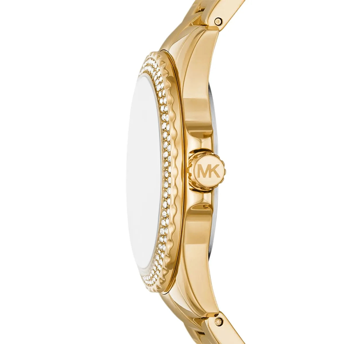 Side profile of Michael Kors Mini Everest watch with pavé crystal bezel detail and gold strap