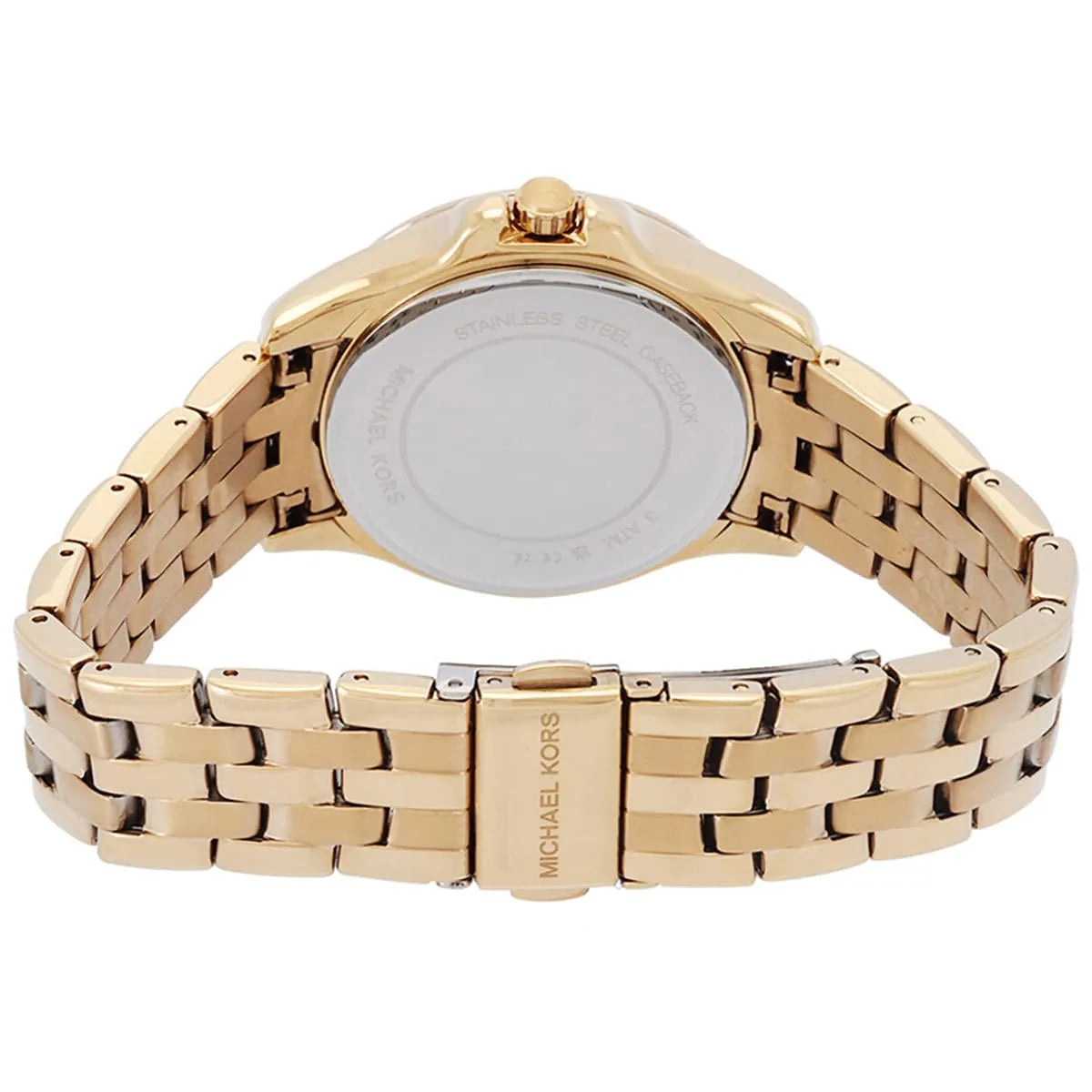 Michael Kors Mini Pilot caseback showing stainless steel construction and bracelet