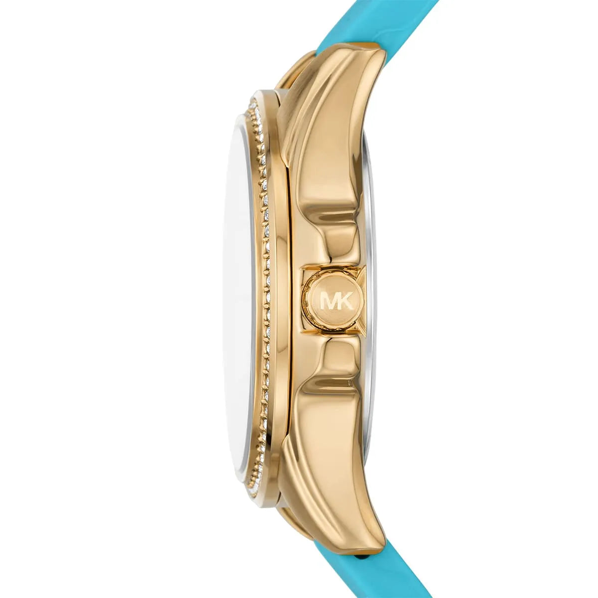 Michael Kors Mini Pilot side view showing gold-tone case profile, crystal bezel detail, and turquoise silicone strap