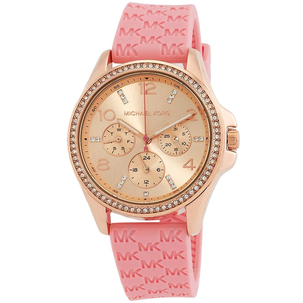 Michael Kors MK7375 chronograph watch face with rose gold dial and three subdials