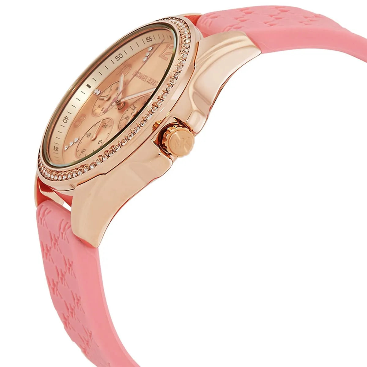 Michael Kors Mini Pilot Pavé Chronograph Rose Gold Dial Logo Silicone Women's Watch - MK7375