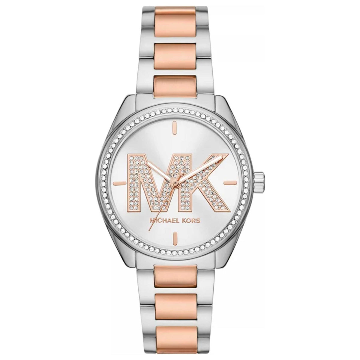 Michael Kors Janelle silver dial two-tone steel and rose gold strap women's watch with crystal bezel