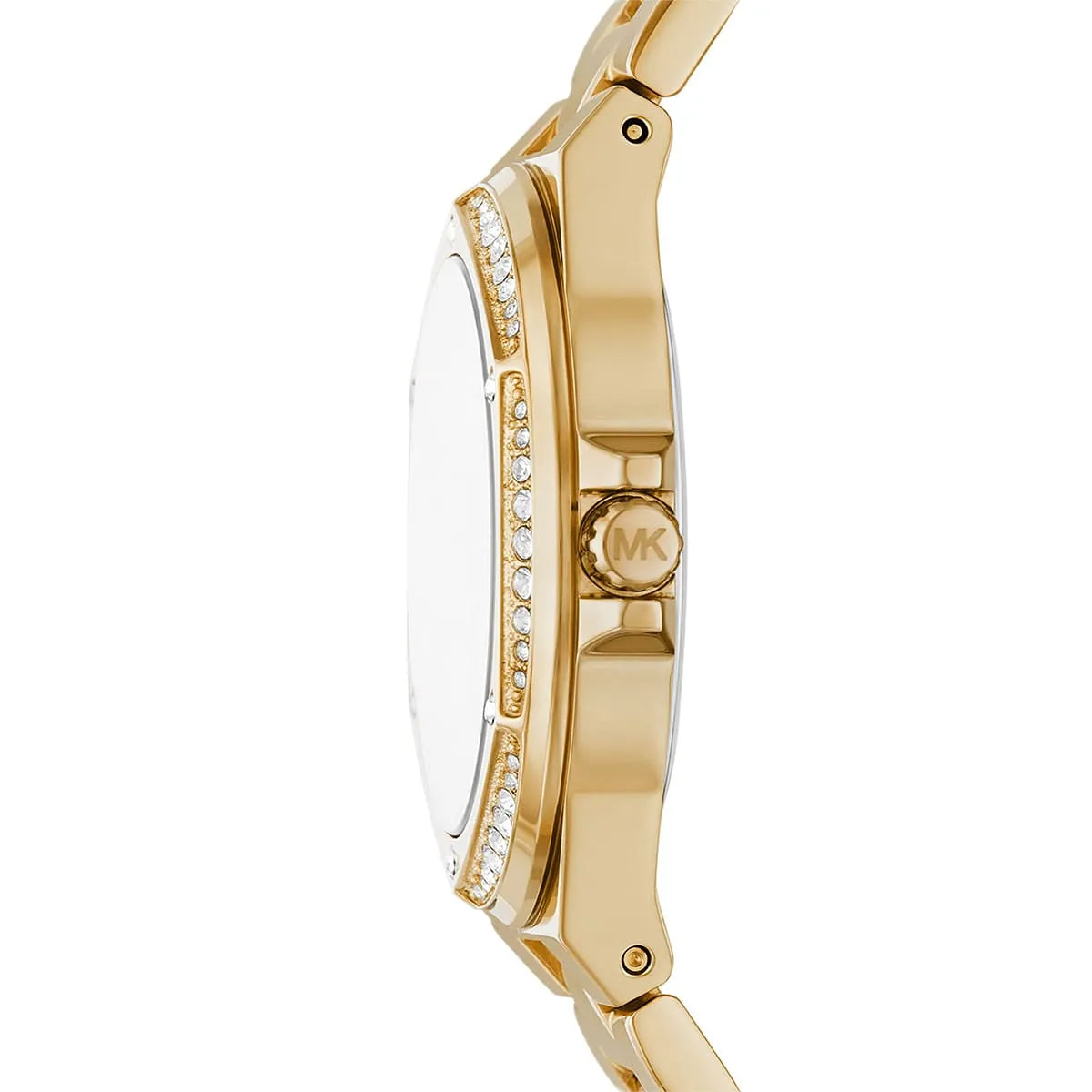 Side profile of Michael Kors Lennox gold-tone watch showing crystal-paved bezel and gold bracelet