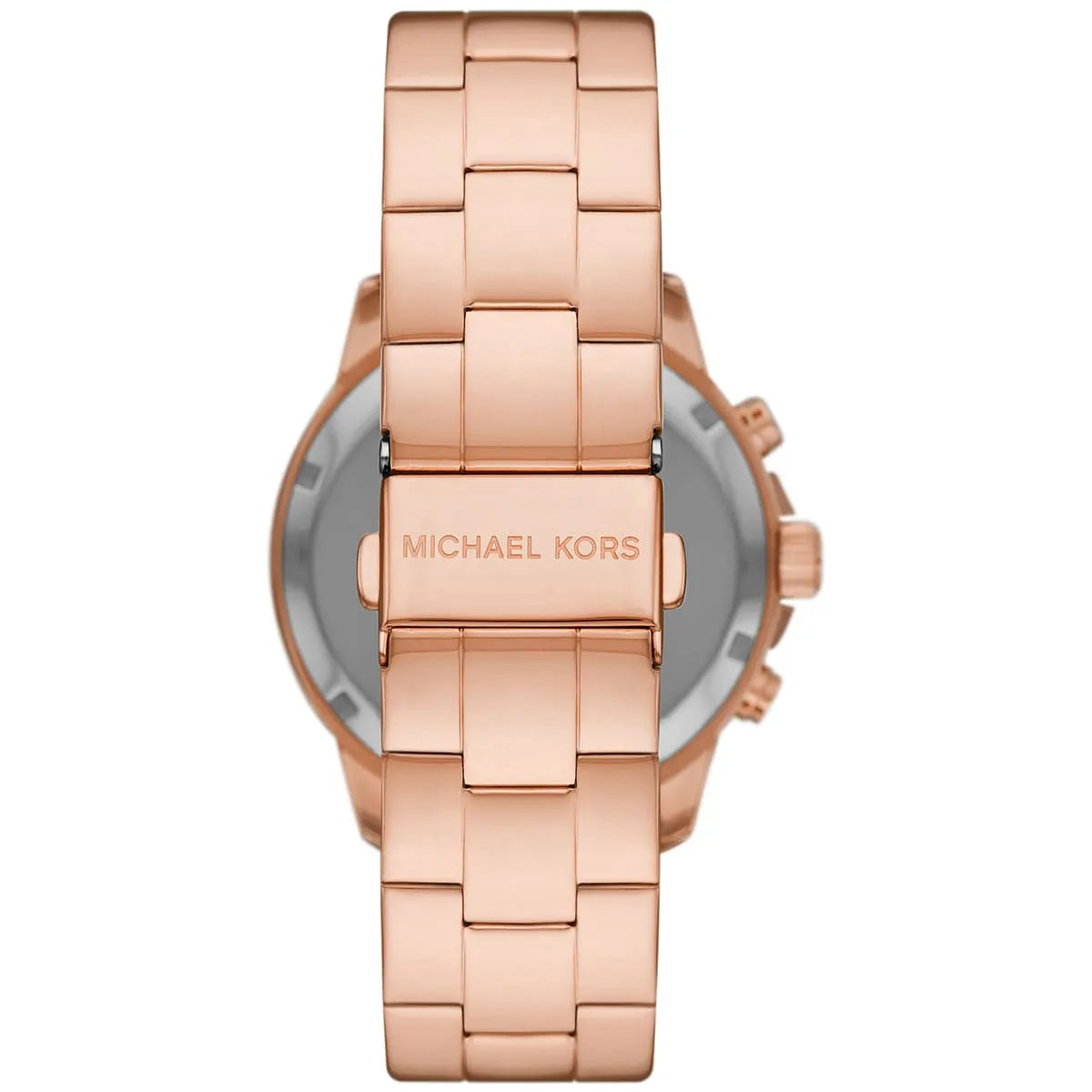 Michael Kors Lexington rose gold watch showing case back and stainless steel bracelet