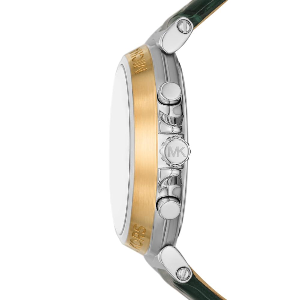 Side view of Michael Kors Maren watch showing gold-tone case band and green leather strap