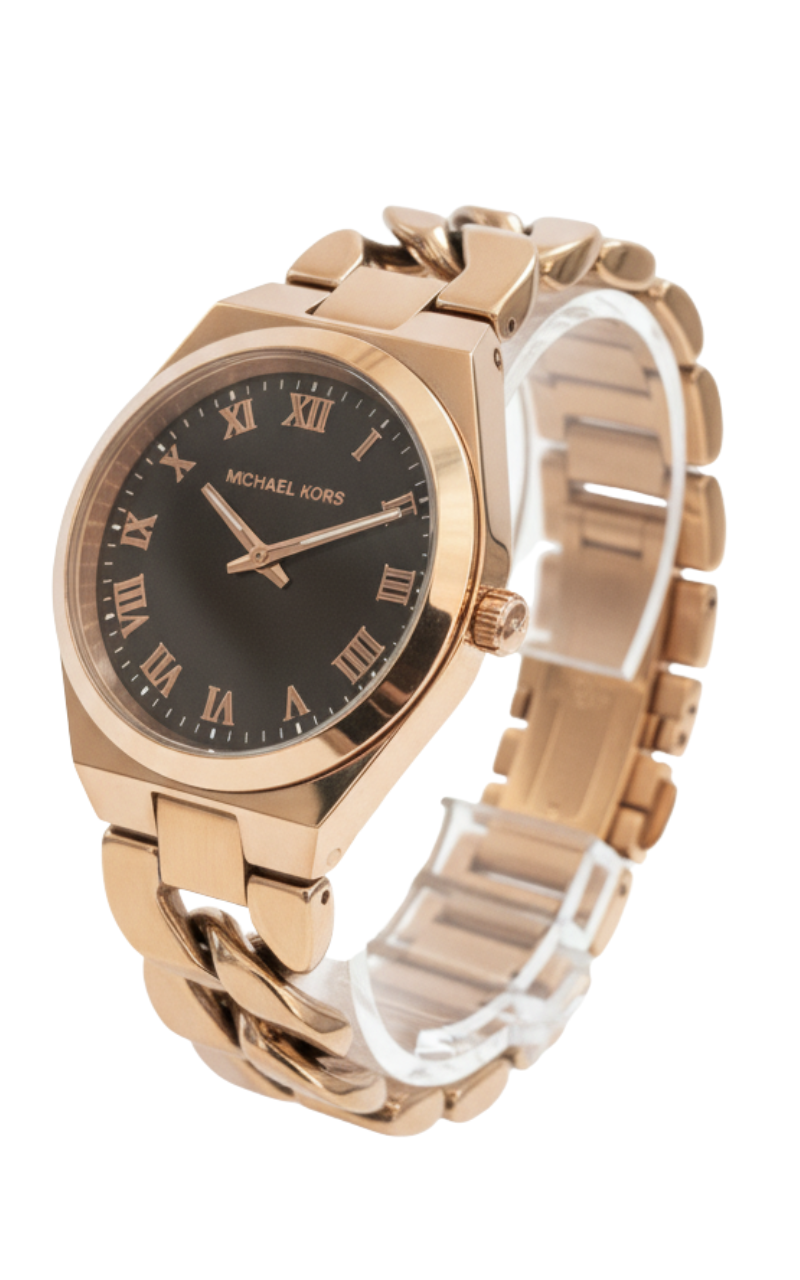 Michael Kors Lennox rose gold-tone watch displayed at angle showing case and bracelet