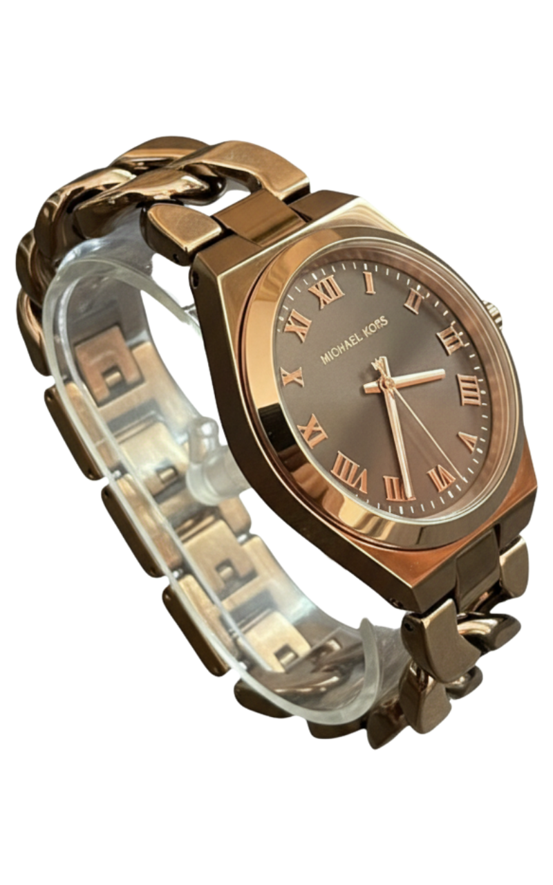 Michael Kors Lennox MK7501 watch shown from side profile with bracelet detail