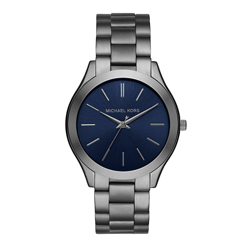 Michael Kors Slim Runway MK8584 watch with navy blue dial and gunmetal bracelet, front view