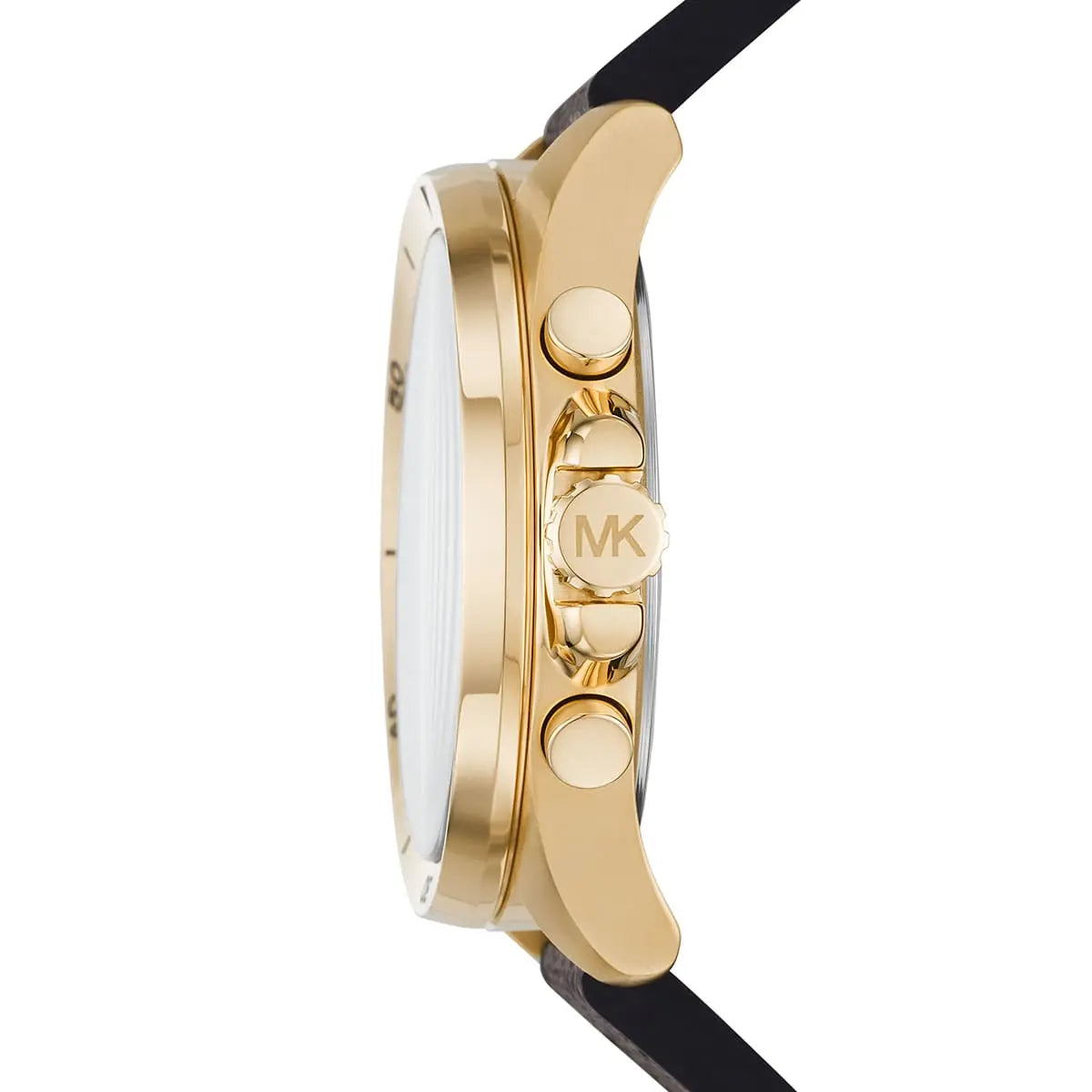 Michael Kors Brecken watch side profile displaying case depth and gold-tone chronograph pushers