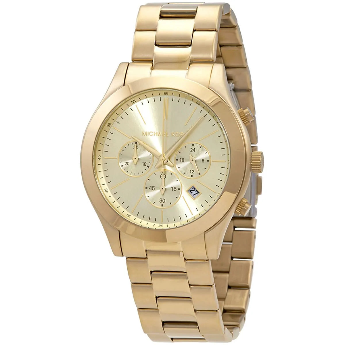 MK8909 Michael Kors watch angled view showing gold chronograph dial with three subdials