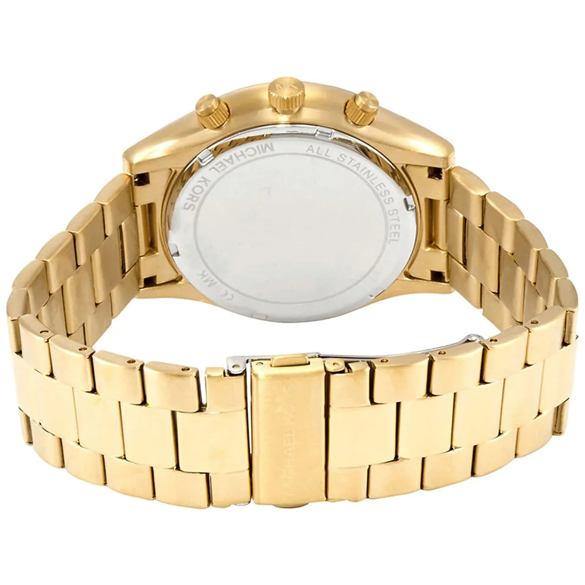 MK8909 Michael Kors watch caseback detail showing gold bracelet and case
