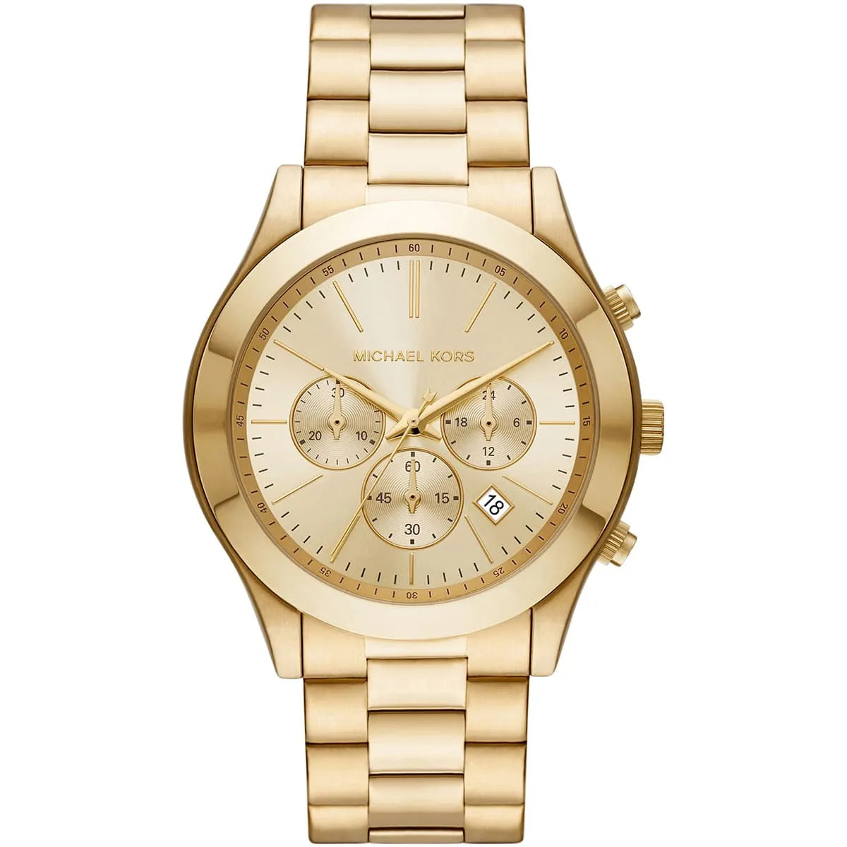 Michael Kors Slim Runway MK8909 gold chronograph watch with gold dial and metal bracelet