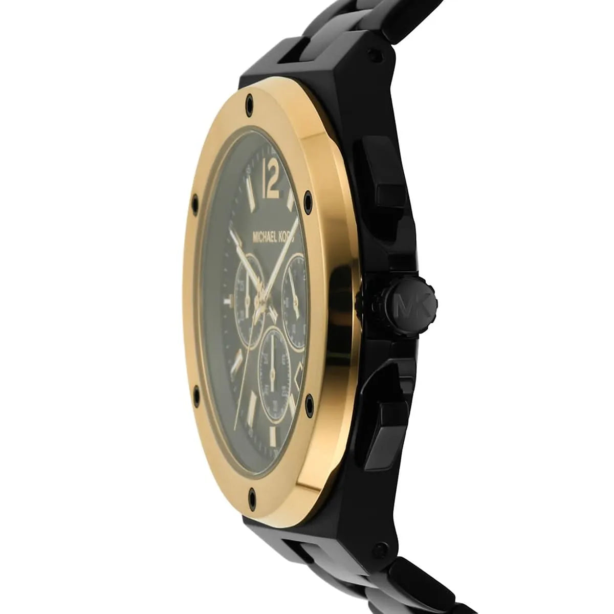 Michael Kors Lennox watch side view displaying gold-tone case and black rubber strap