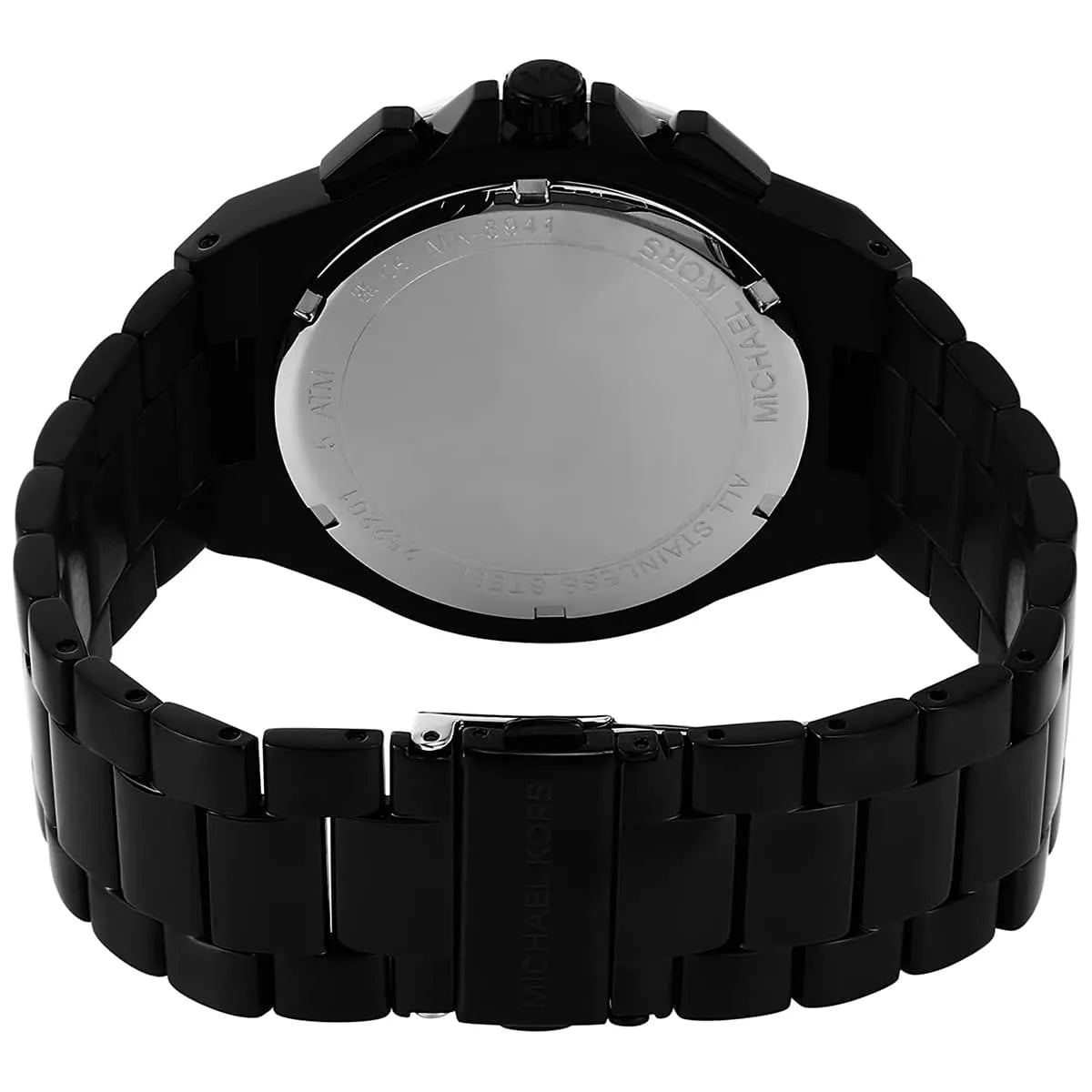 Michael Kors Lennox watch strap view showing black stainless steel bracelet and caseback detail