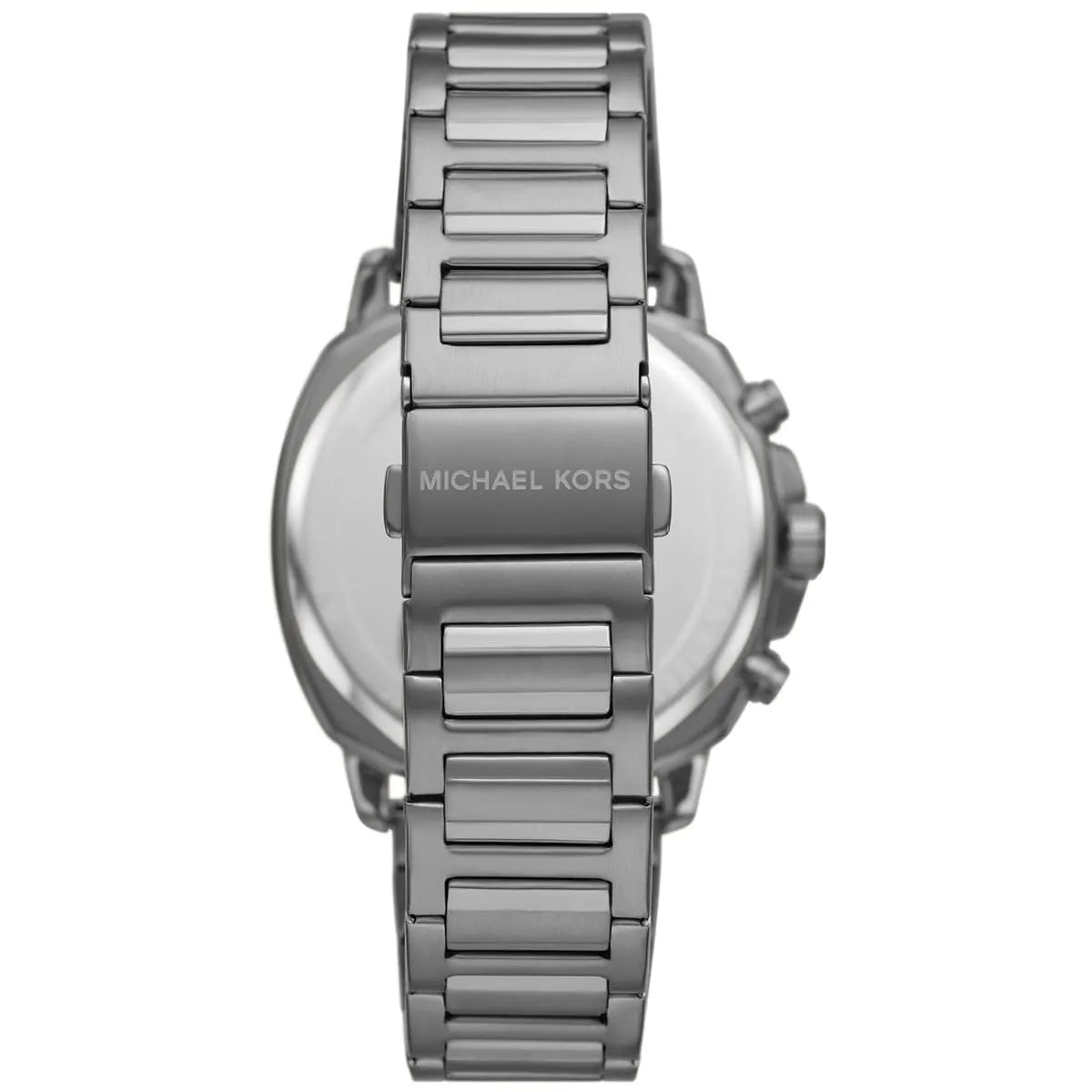 Michael Kors Sullivan watch caseback showing gunmetal stainless steel bracelet and engraved case