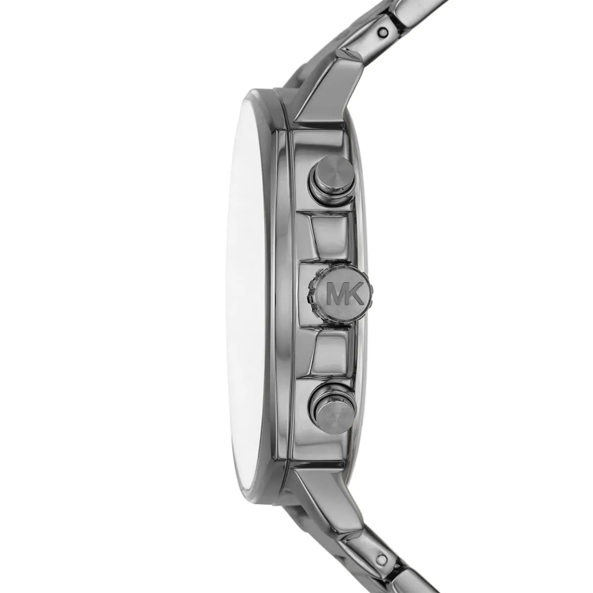 Michael Kors Sullivan watch side profile showing gunmetal case thickness and crown with MK logo