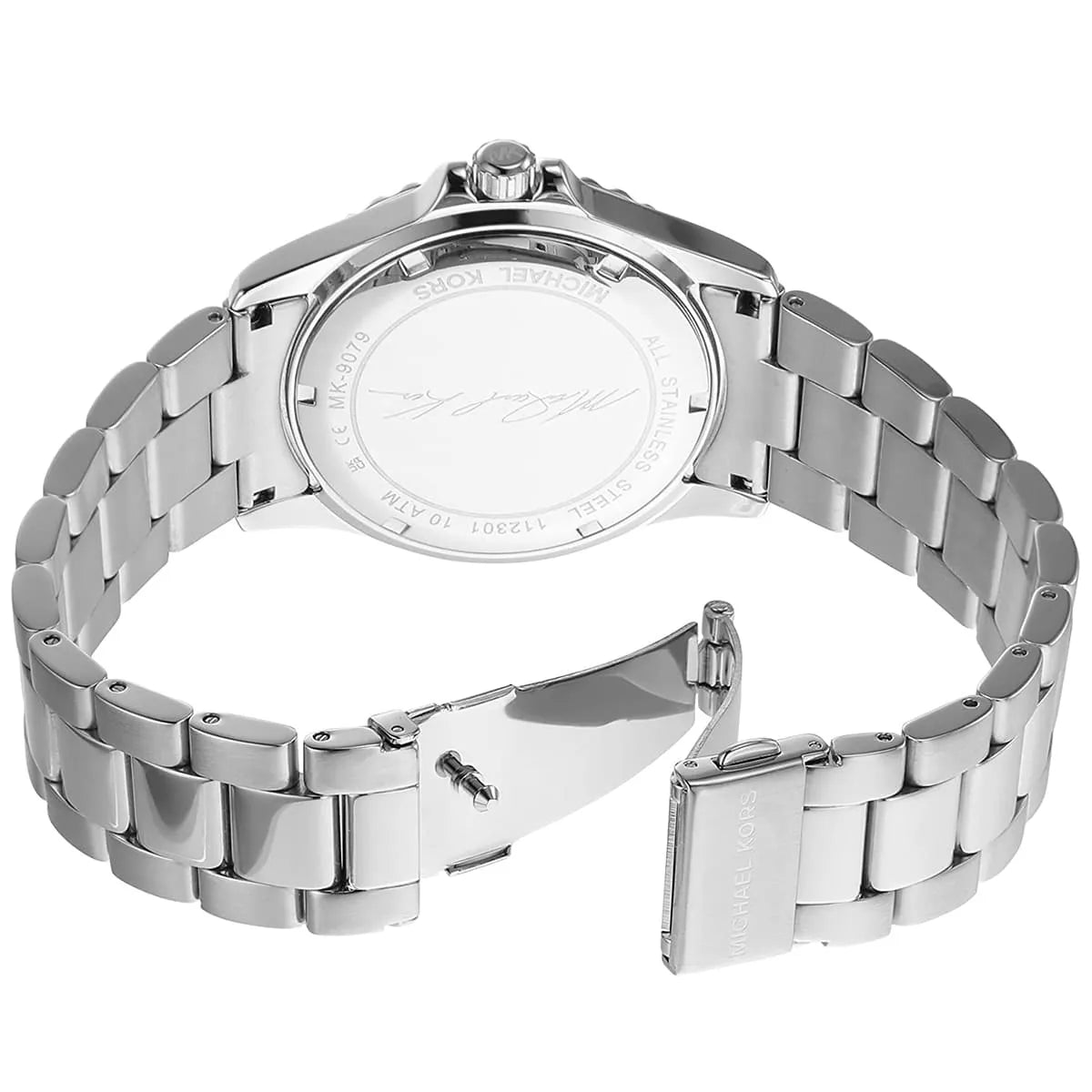 Michael Kors Everest MK9079 caseback showing stainless steel with engraved Michael Kors branding