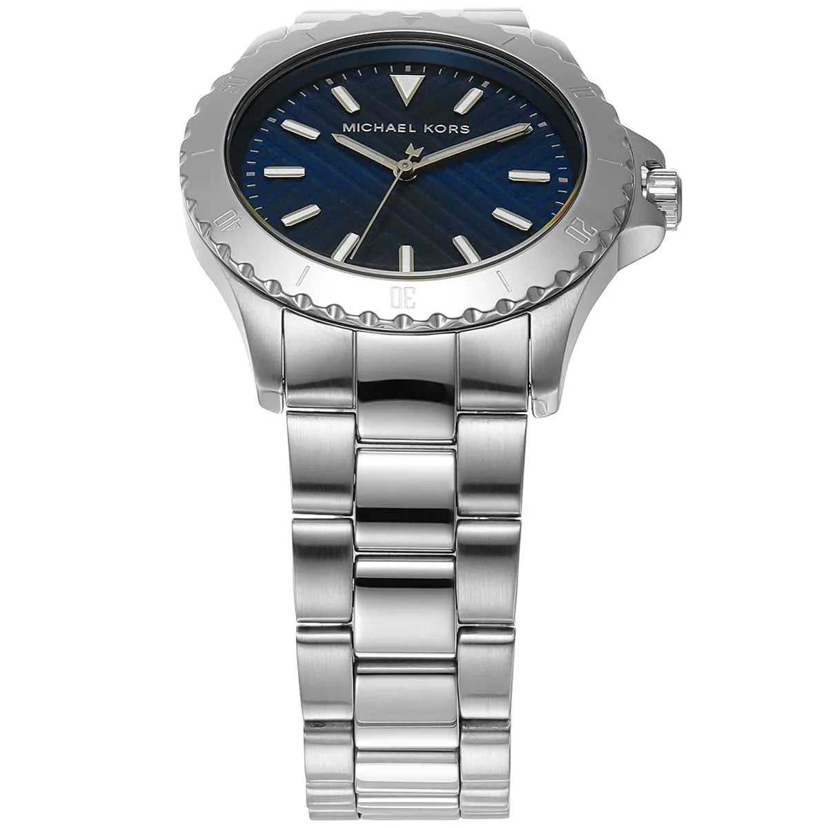 Michael Kors Everest MK9079 showing blue dial with three-hand movement and stainless steel strap