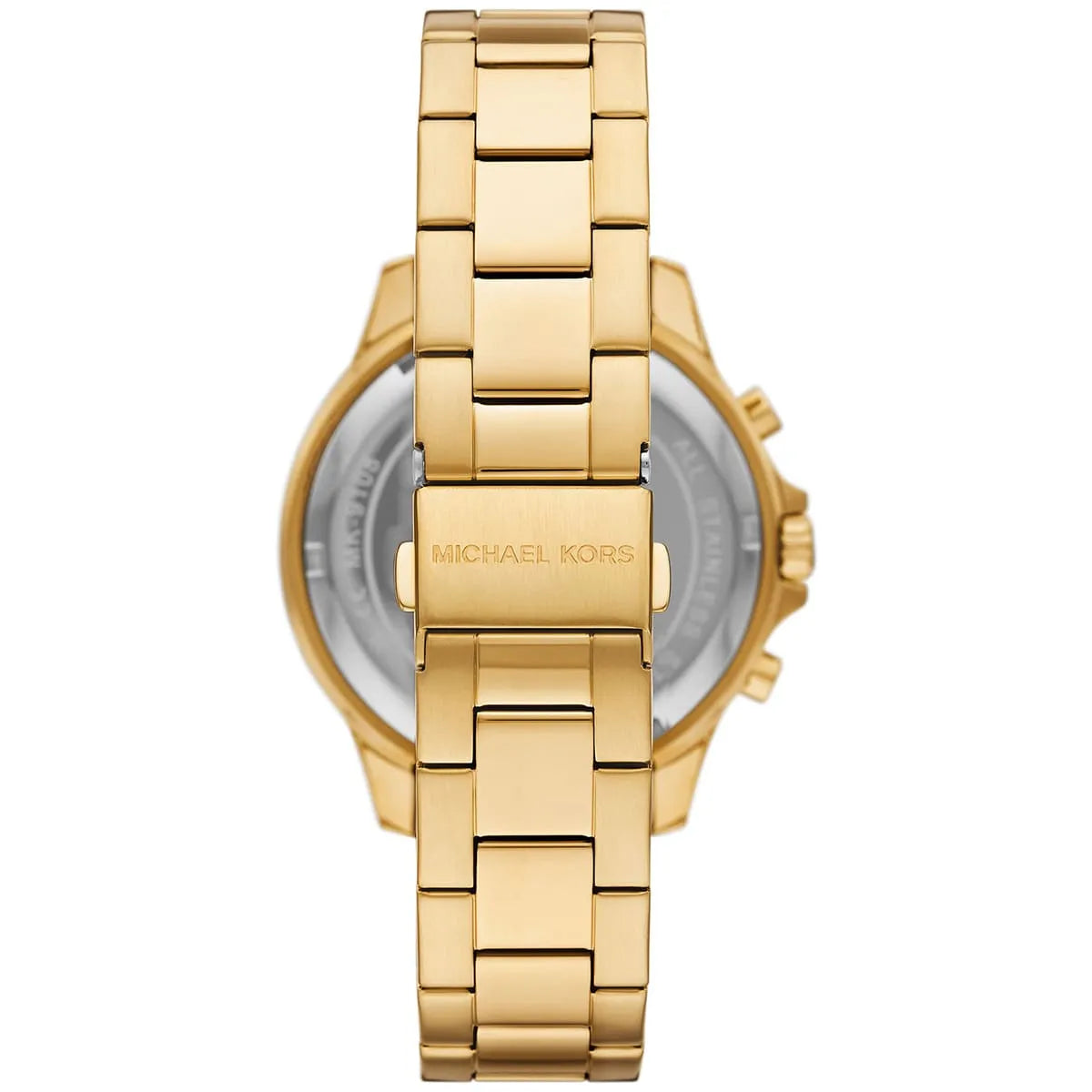 Caseback view of Michael Kors Greyson chronograph showing gold-tone stainless steel band