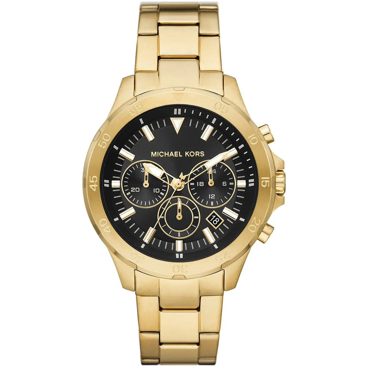 Michael Kors Greyson chronograph watch with gold-tone case, black dial, and gold-tone stainless steel band