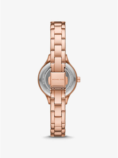 Michael Kors Mini Aspyn rose gold watch case back view showing MK branding
