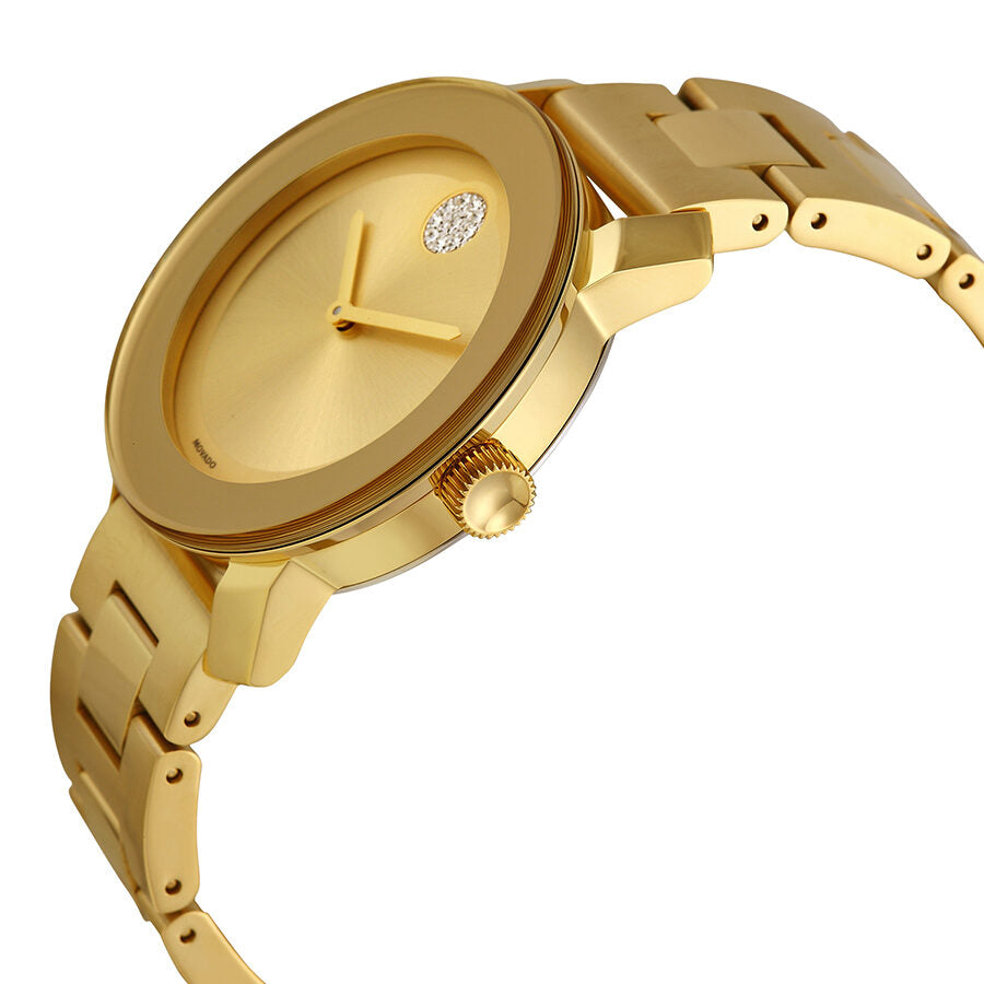 Movado Bold Gold watch angled view showing yellow gold case, crown, and bracelet