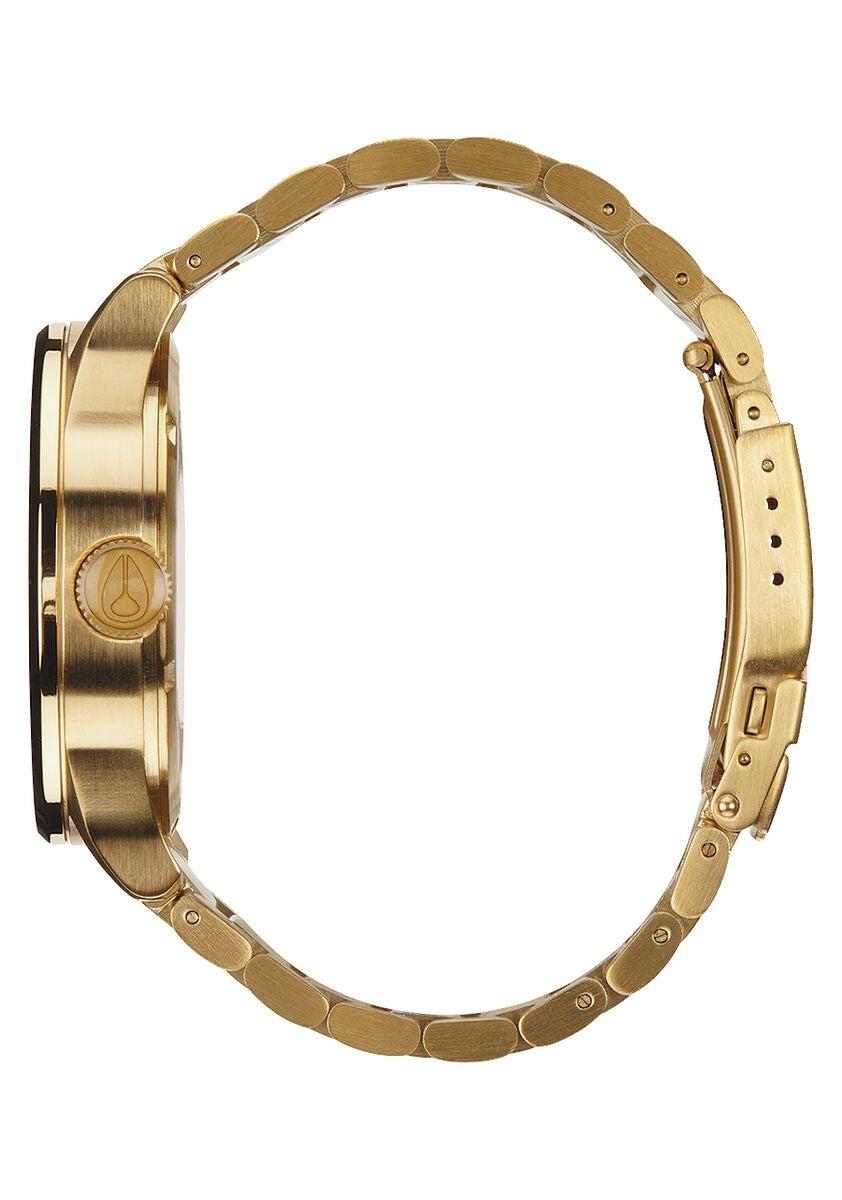 Nixon Sentry watch side profile showing gold-tone bracelet and case