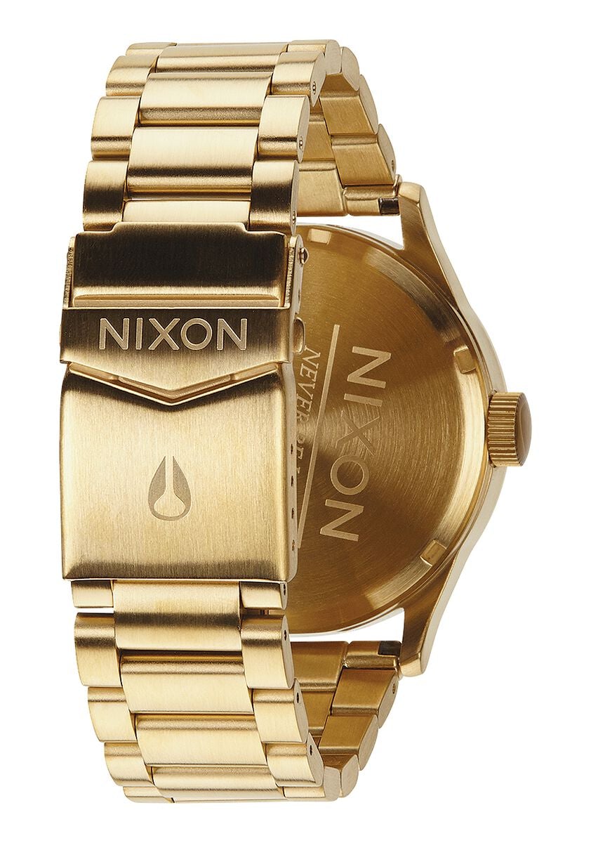 Nixon Sentry caseback view with gold-tone bracelet and crown