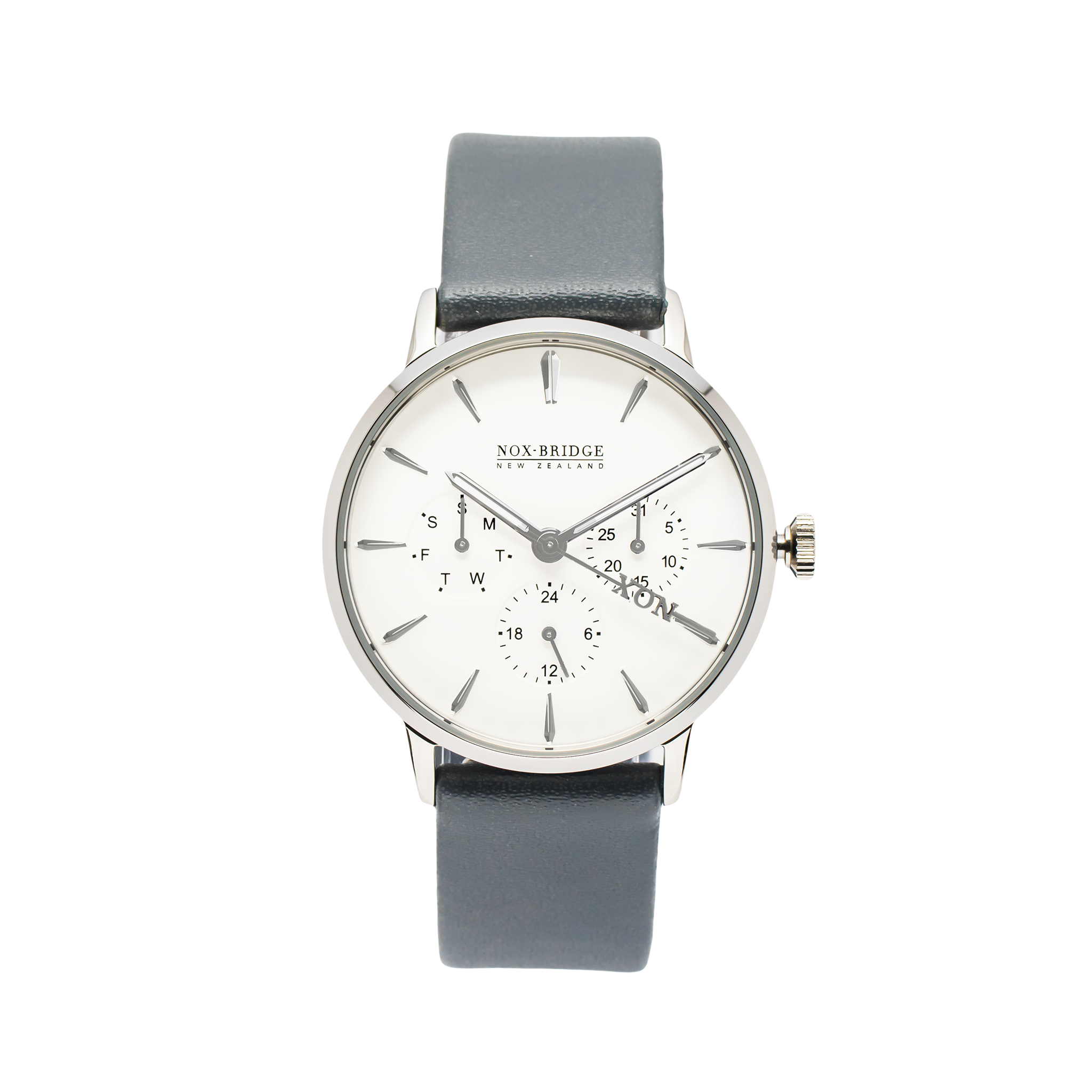 Noxbridge Classic Alcyone silver 36MM watch with white dial and gray strap