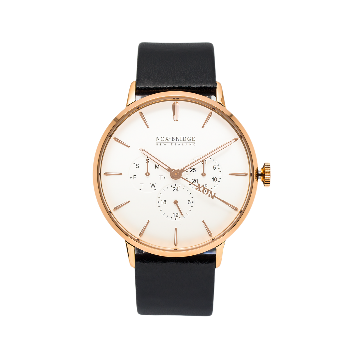 Noxbridge Classic Capella rose gold 41mm watch with cream dial, chronograph subdials, and black leather strap