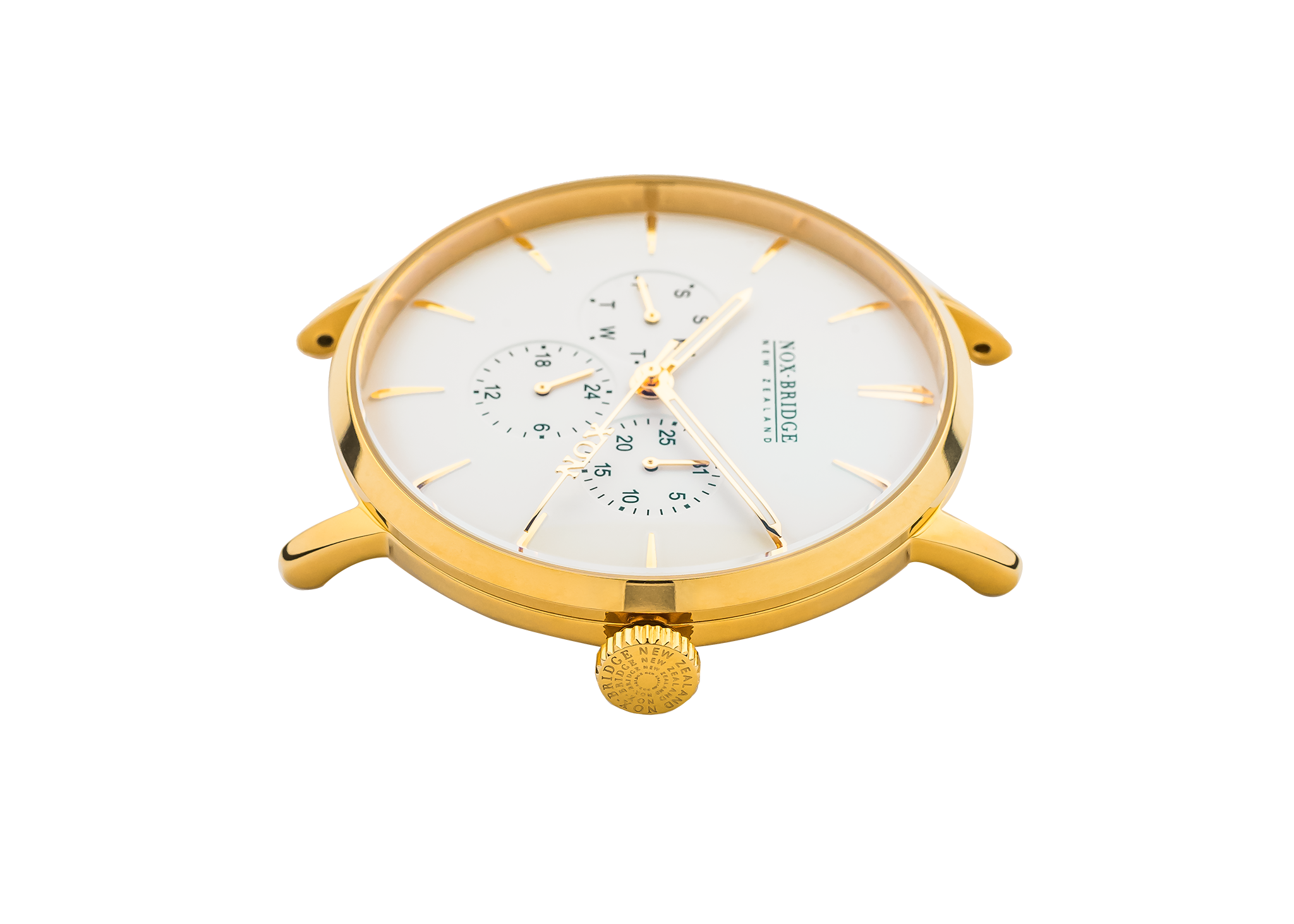 Angled view of Noxbridge Meissa 36mm gold chronograph with white dial and dual sub-dials