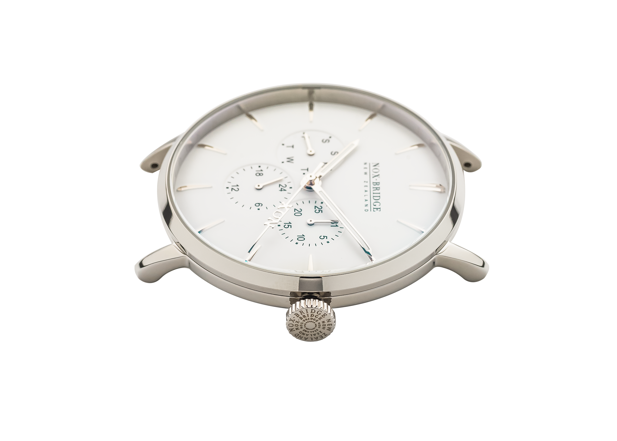 Noxbridge Meissa watch angled view showing silver case and white dial