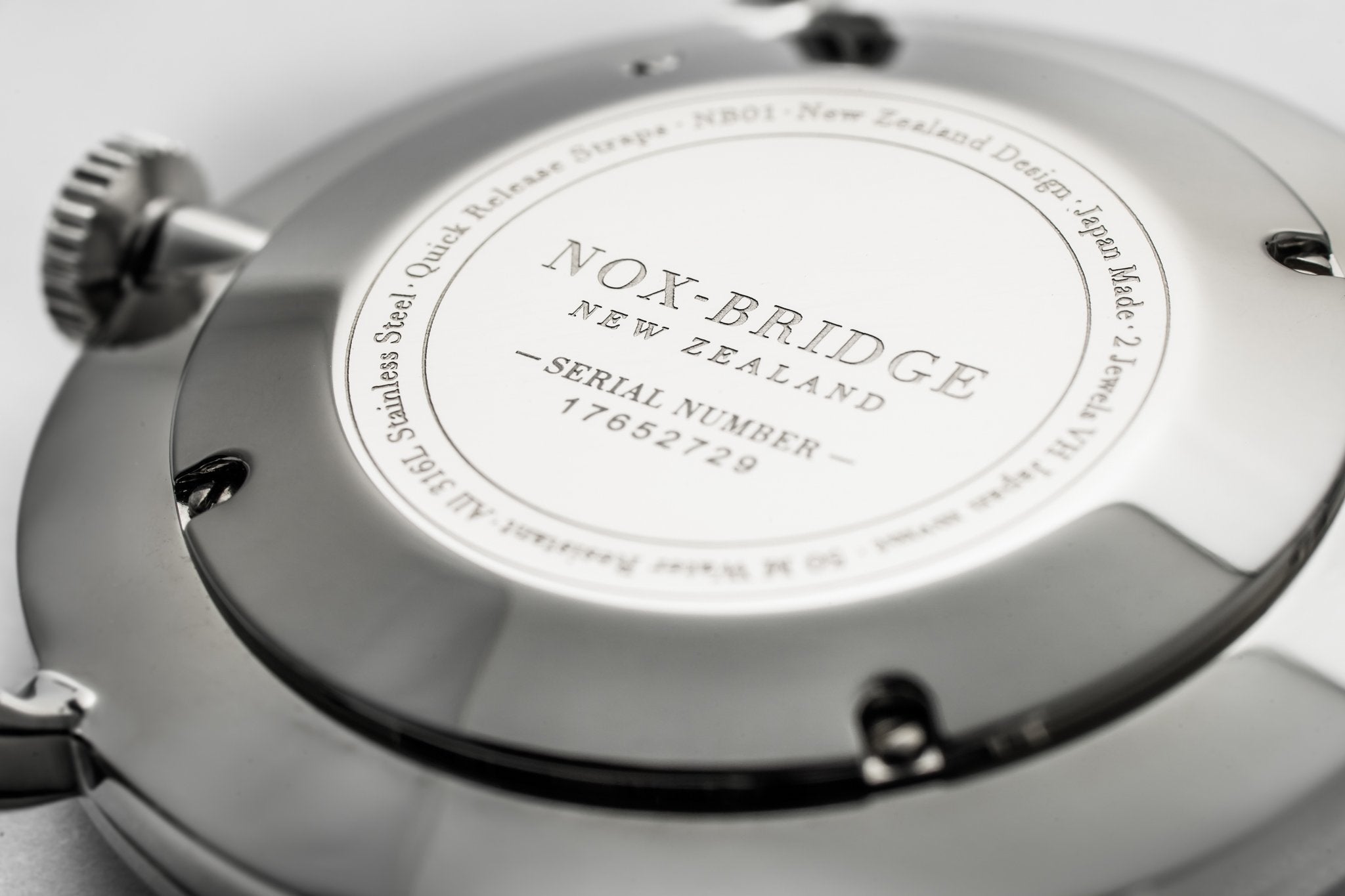 Noxbridge Meissa watch caseback showing serial number and New Zealand origin