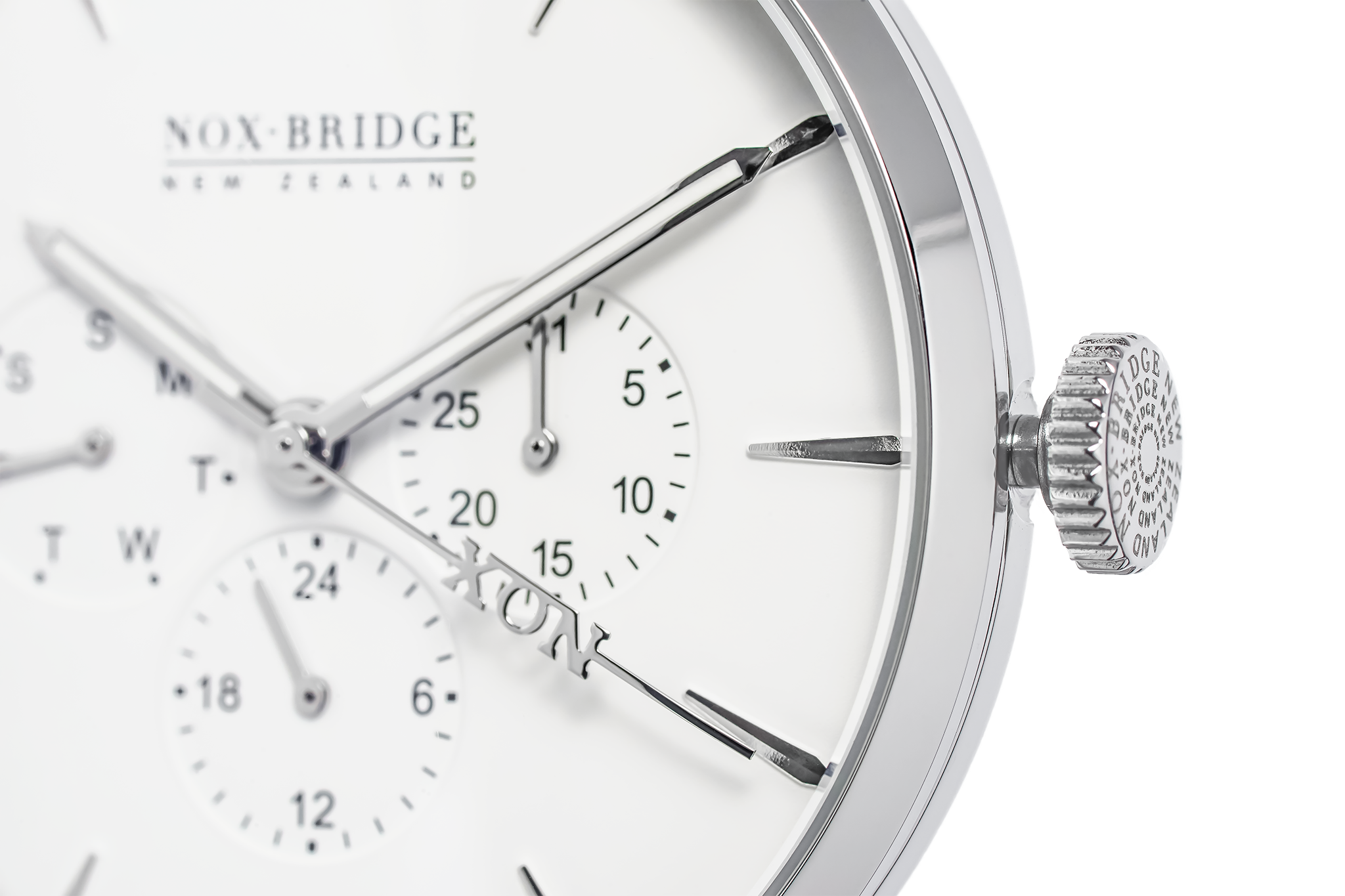 Close-up of Meissa watch subdial chronograph and crown detail