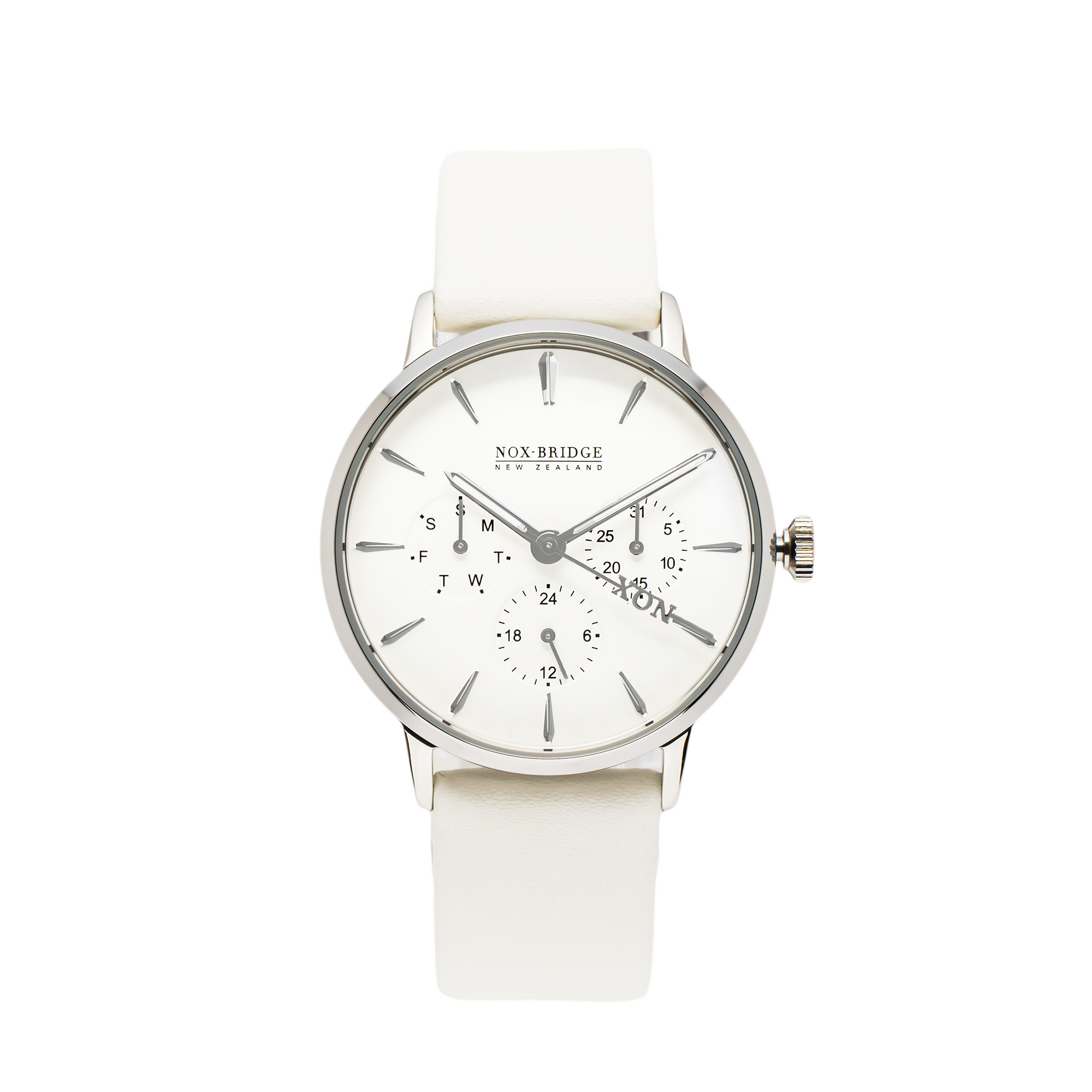 Noxbridge Classic Meissa silver 36mm watch with white dial and cream leather strap